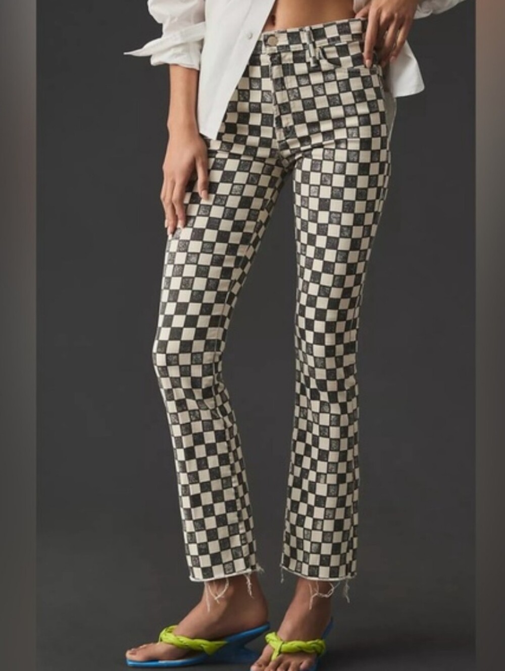 MOTHER Insider Ankle Fray Jeans Play Date Checkered Denim Black White Size 31